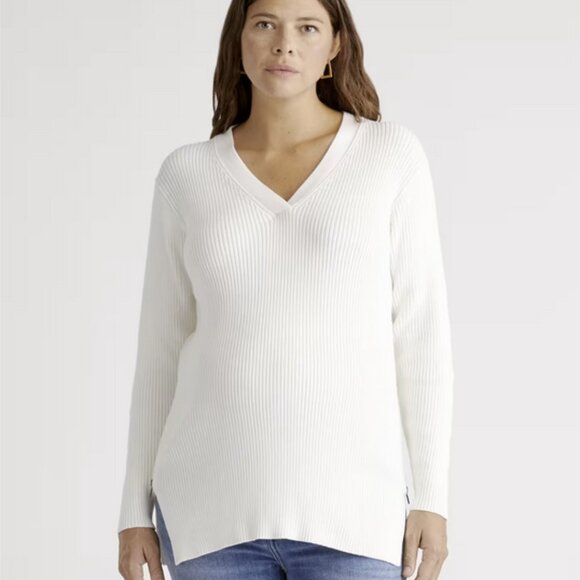 Quince M White Ribbed Long Sleeve VNeck Fisherman Side Zip Org Cotton Sweater - Picture 1 of 11